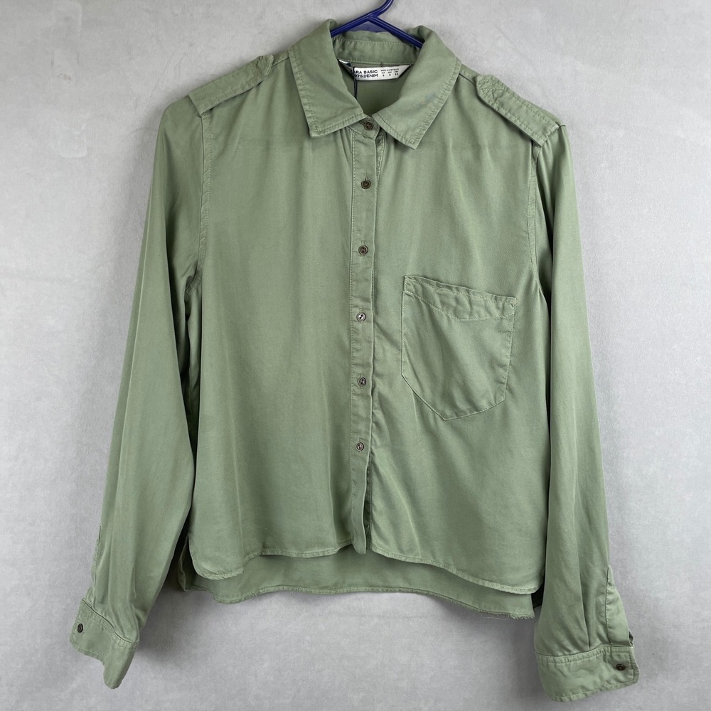 Zara Basic Z1975 Denim Sage Green Lyocell Utility Military Shirt Epaulettes S